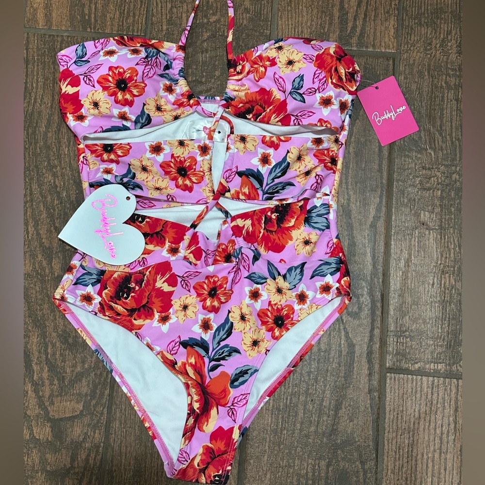 Buddy Love Pink Floral One-Piece Swimsuit with Red & Yellow Blooms